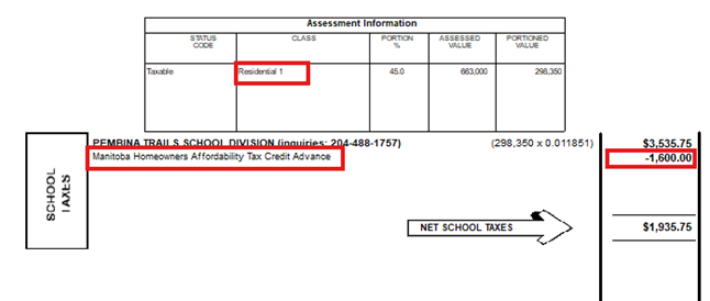 Sample of the School Tax section of the tax bill that did  receive the HATC